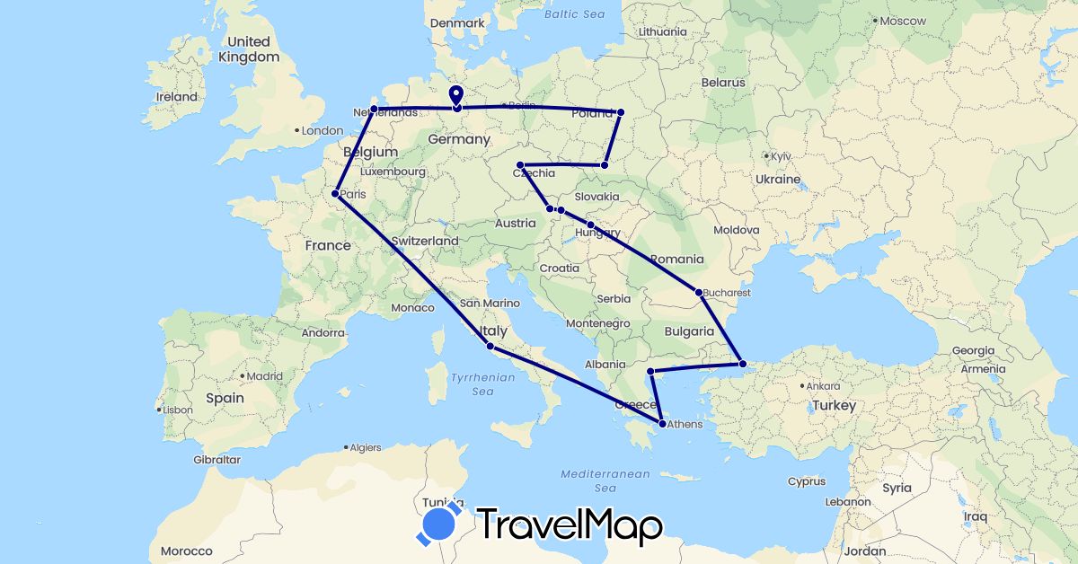TravelMap itinerary: driving in Austria, Czech Republic, Germany, France, Greece, Hungary, Italy, Netherlands, Poland, Romania, Slovakia, Turkey (Asia, Europe)